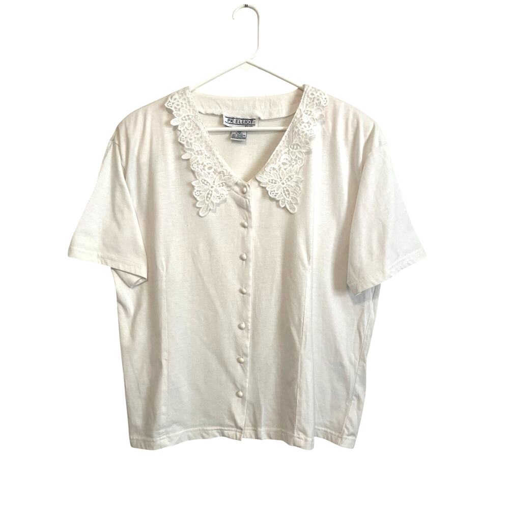 PK Elliot Woman's White Lace Collar Shirt Button Up Short Sleeve 22 Cottagecore